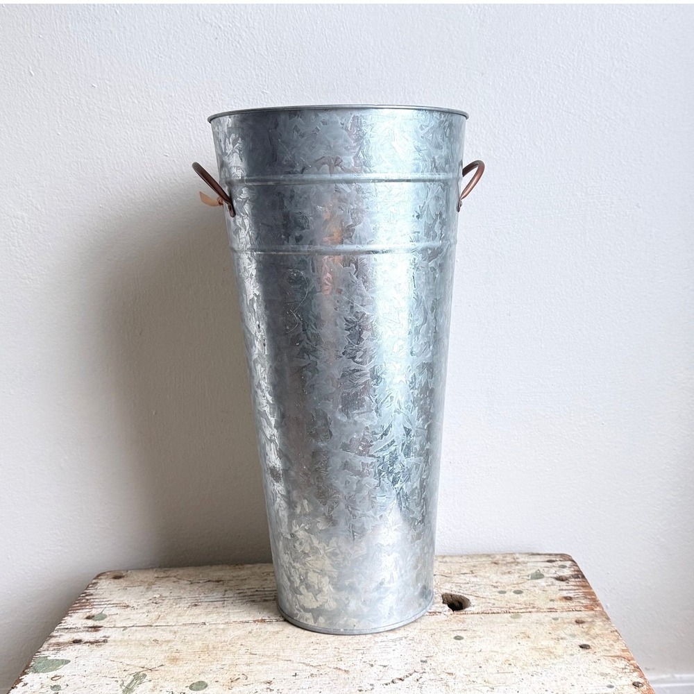 Tall Galvanized Metal French Flower Bucket Copper Handles Farmhouse Vase CSGD